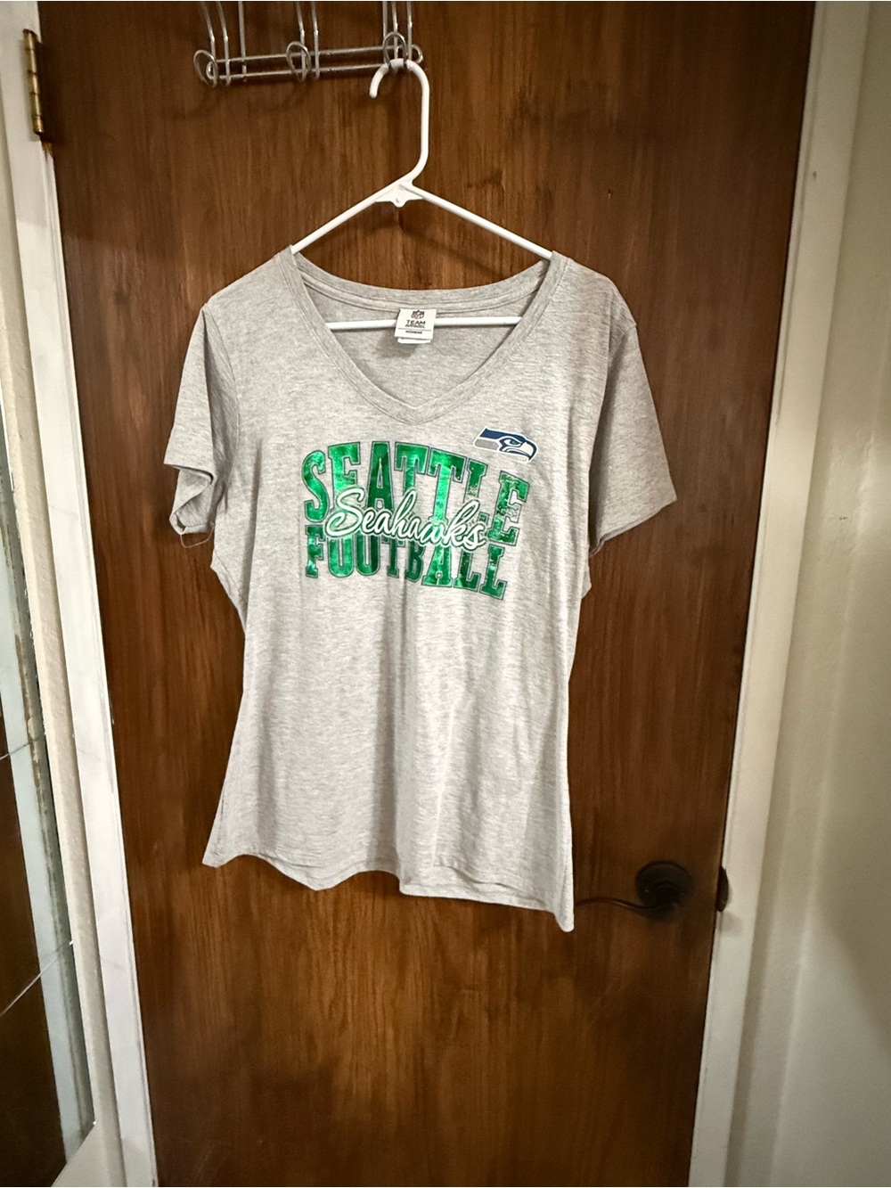 Seattle Seahawks NFL Women's Gray V-Neck Tee with Green and Blue Graphics